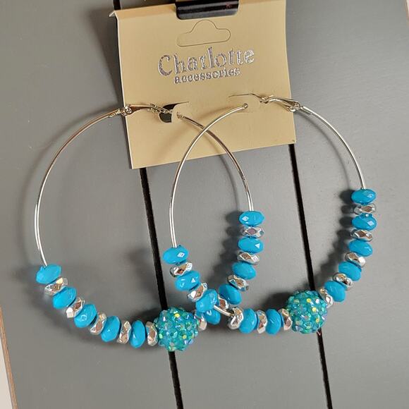 Large Blue Beaded Hoop Earrings 3" Silver Tone Rhinestone Accent Pierced Trendy - Picture 5 of 7